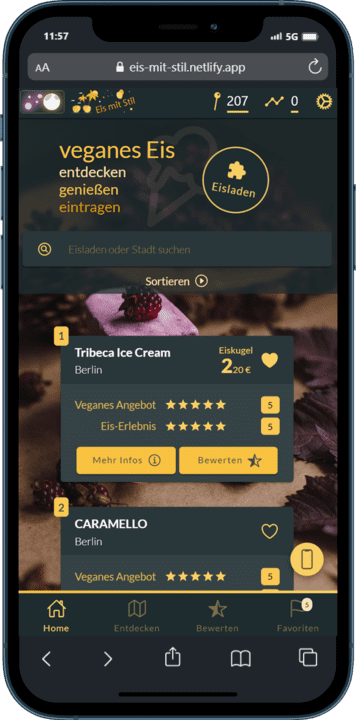 Screenshot Vegan Ice Cream App Eis mit Stil